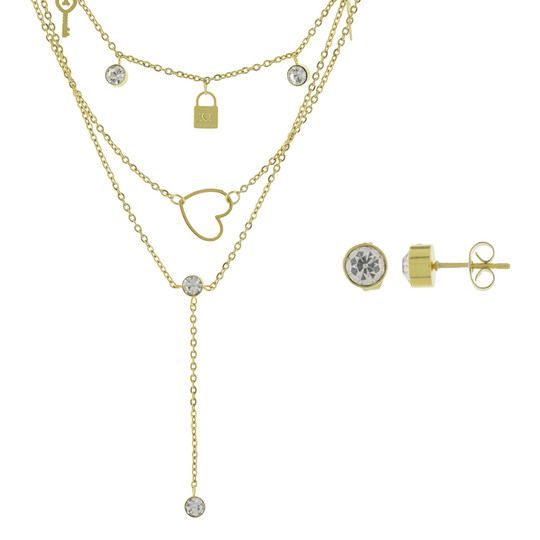 Set Elle Triple Cadena y Dijes Acero Dorado