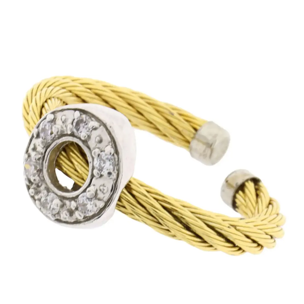 AZPL-035AN AN CABLE ACERO COLOR DORADO CON TAPONES Y DIJE DE PLATA EN FORMA DE ARO CON CIRCONIAS