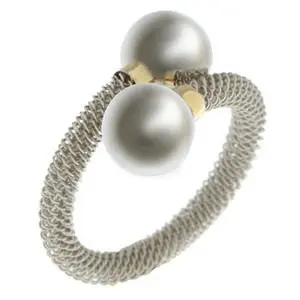 AZAG013AN ANILLO TIPO GARRA, MALLA REDONDA ACERO, CON ESFERAS Y DETALLES EN ORO 18 K