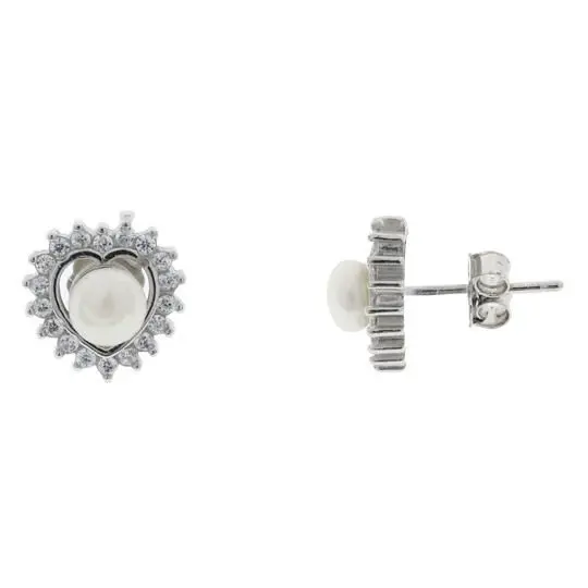 ARETES CORAZÓN PLATINADO CON PERLA, PLATA .925