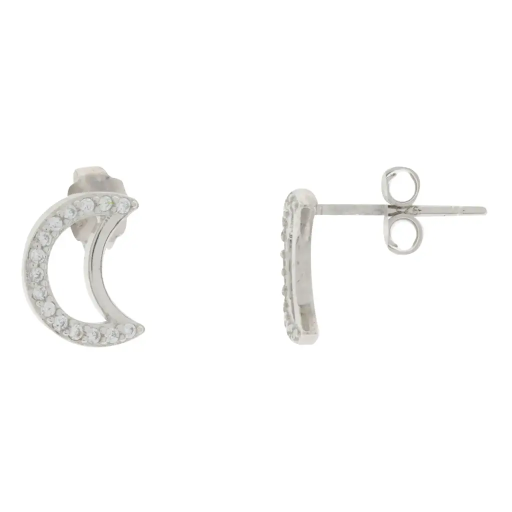 ARETES  SILUETA LUNA PAVÉ, PLATA RODIZADA