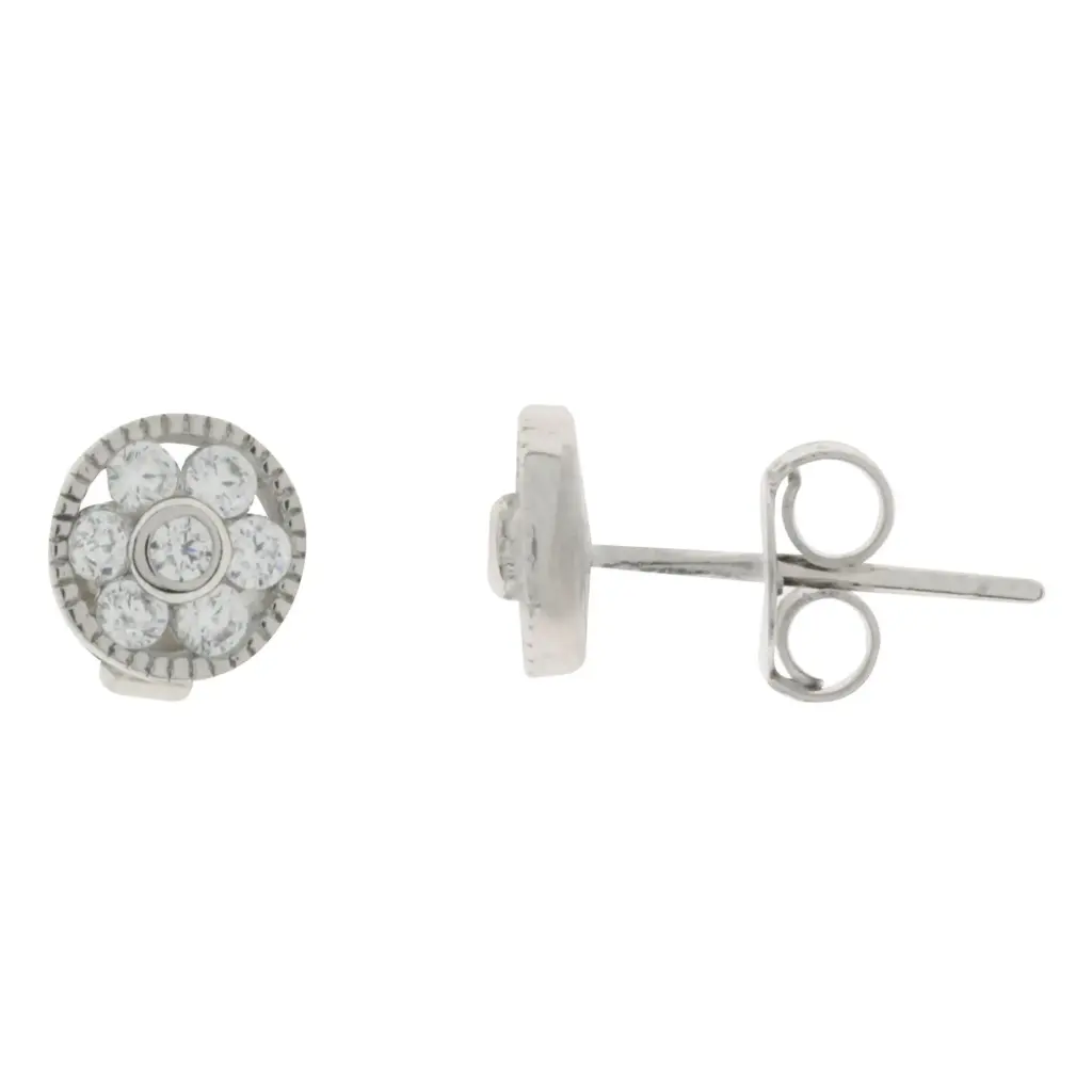 ARETES CIRCULO FLOR ZIRCONIAS, PLATA RODIZADA