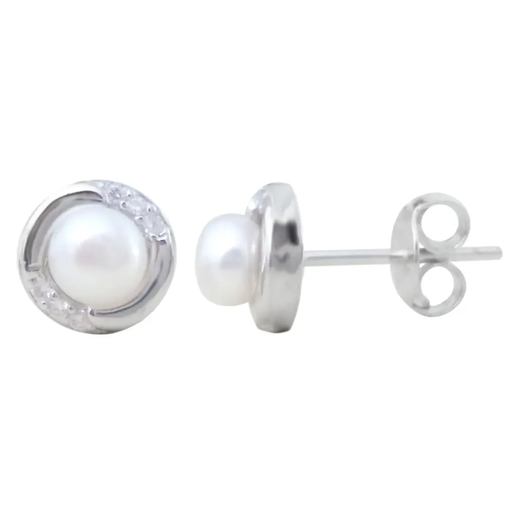 AR PERLA BISEL CON ZIRCONIAS, PLATA RODIZADA