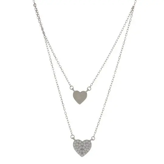 COLL DOBLE CORAZONES PAVÉ Y LISO, PLATA .925