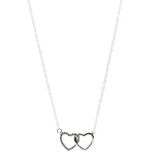 COLLAR DOS CORAZONES, PLATA .925 CON BAÑO DE RODIO