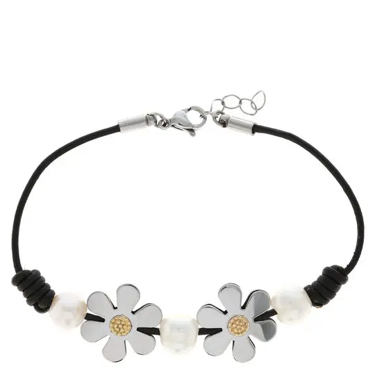 AZAP-024PU PULS. CUERO CON FLORES Y PERLAS, DETALLES ORO 18 K