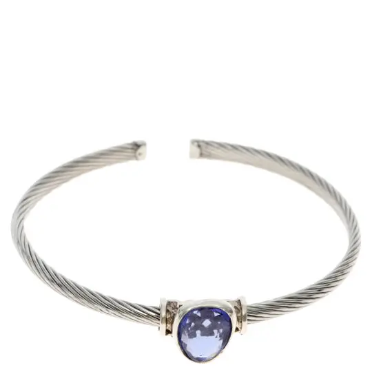 AZA-009PU PULS. CABLE ACERO, CON DIJE DE PLATA CON PIEDRA EN FORMA DE GOTA COLOR AZUL