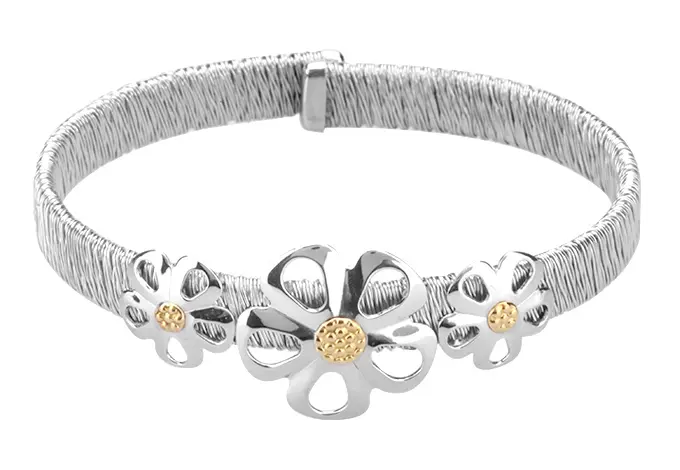 AZA-015PU PULS. MALLA HILO ACERO CON MARGARITAS CALADAS, DETALLES DE ORO 18 K