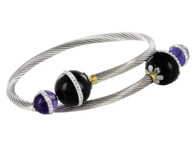 AZA-006PU PULS. CABLE ACERO CON ESFERAS DE ONIX Y AMATISTA, CINTILLOS DE CIRCONIAS Y DETALLES ORO 18 K