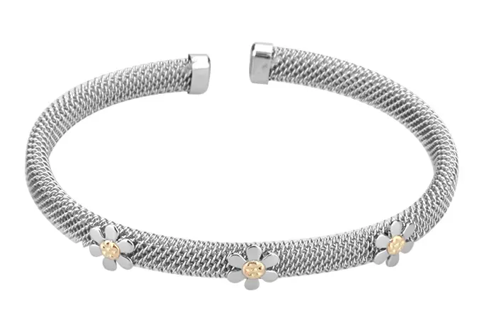 AZAG016PU PULS. MALLA REDONDA ACERO CON FLORES MINI, DETALLES ORO 18 K