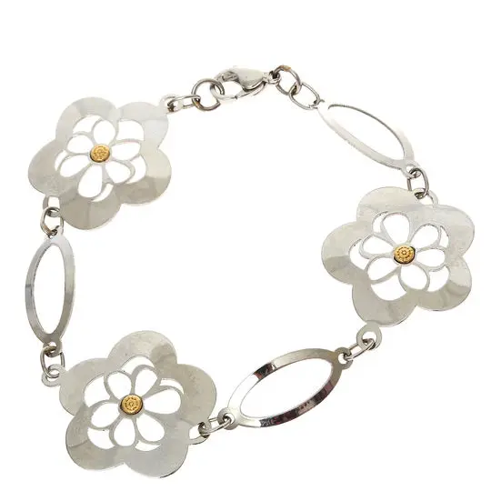 AZAG017PU PULS. FLORES RIBETE ACERO, CON DETALLES ORO 18 K