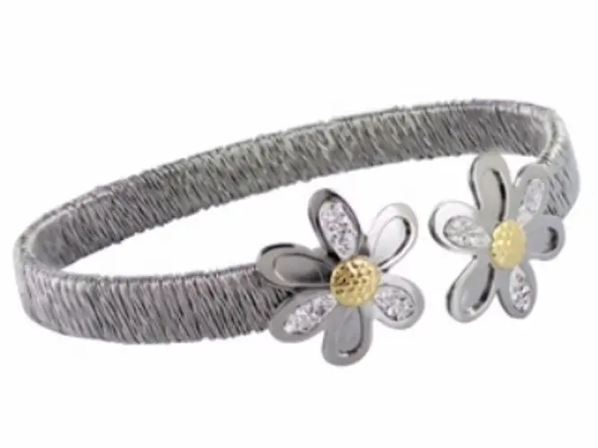 AZAG019PU PULS. MALLA HILO ACERO, FLORES CON ZIRCONIAS,  DETALLES ORO 18 K