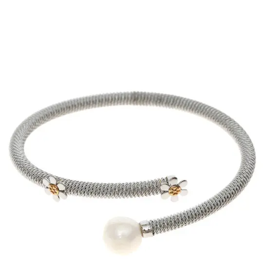 AZAG030PU PULS. MALLA REDONDA ACERO CON FLORES MINI. PERLA CULTIVADA Y DETALLES ORO 18 K