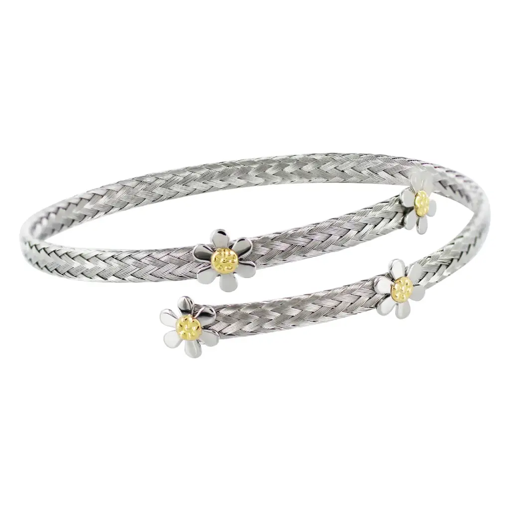 AZAG034PU PULS. TRENZADA ACERO FLORES MINI CON DETALLES ORO 18 K