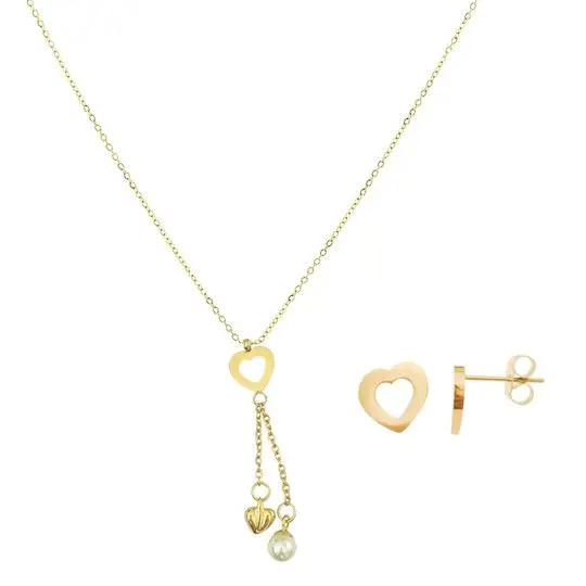 SET CORAZONES CALADOS PERLA, ACERO DORADO