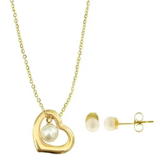 SET CORAZÓN CON PERLA, ACERO DORADO