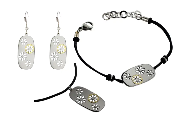 AZA-001JGO JUEGO FLORES, ACERO CON DETALLES EN ORO 18 K Y PIEL