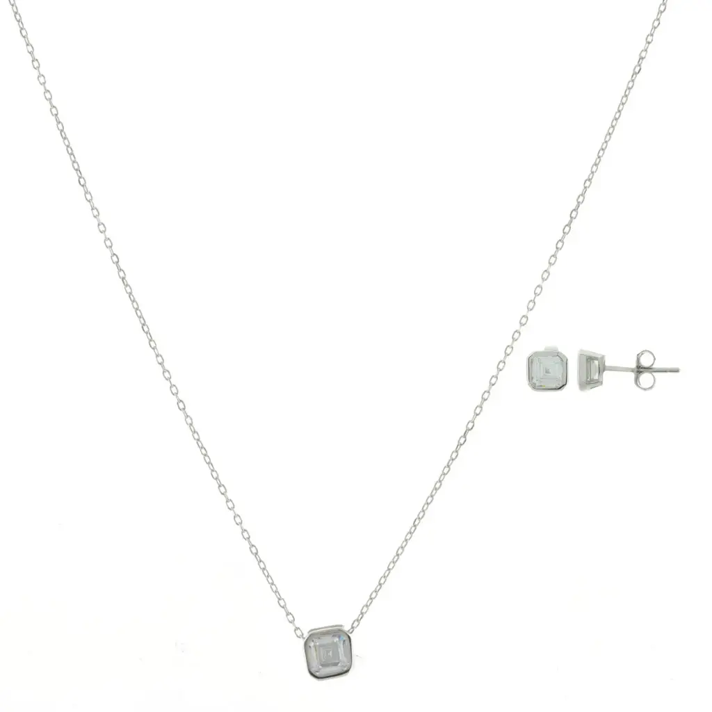 SET PIEDRA CUADRADA BISEL, PLATA RODIZADA