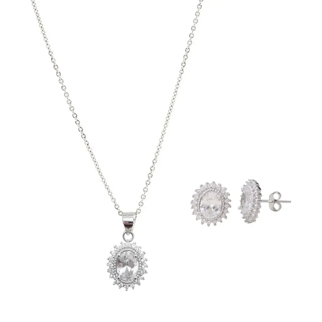 [252041] SET OVALO ZIRCONIAS, PLATA RODIZADA