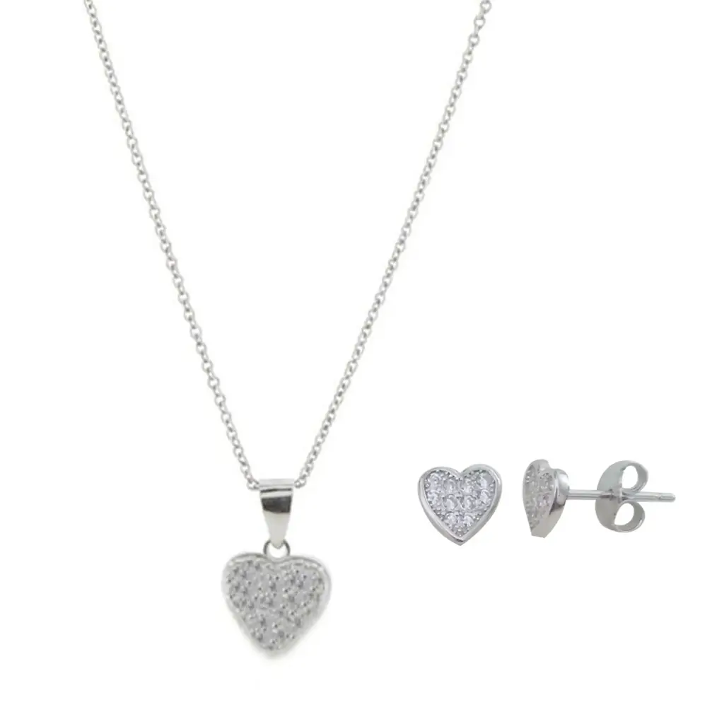 SET CORAZONES PAVÉ BISEL, PLATA RODIZADA