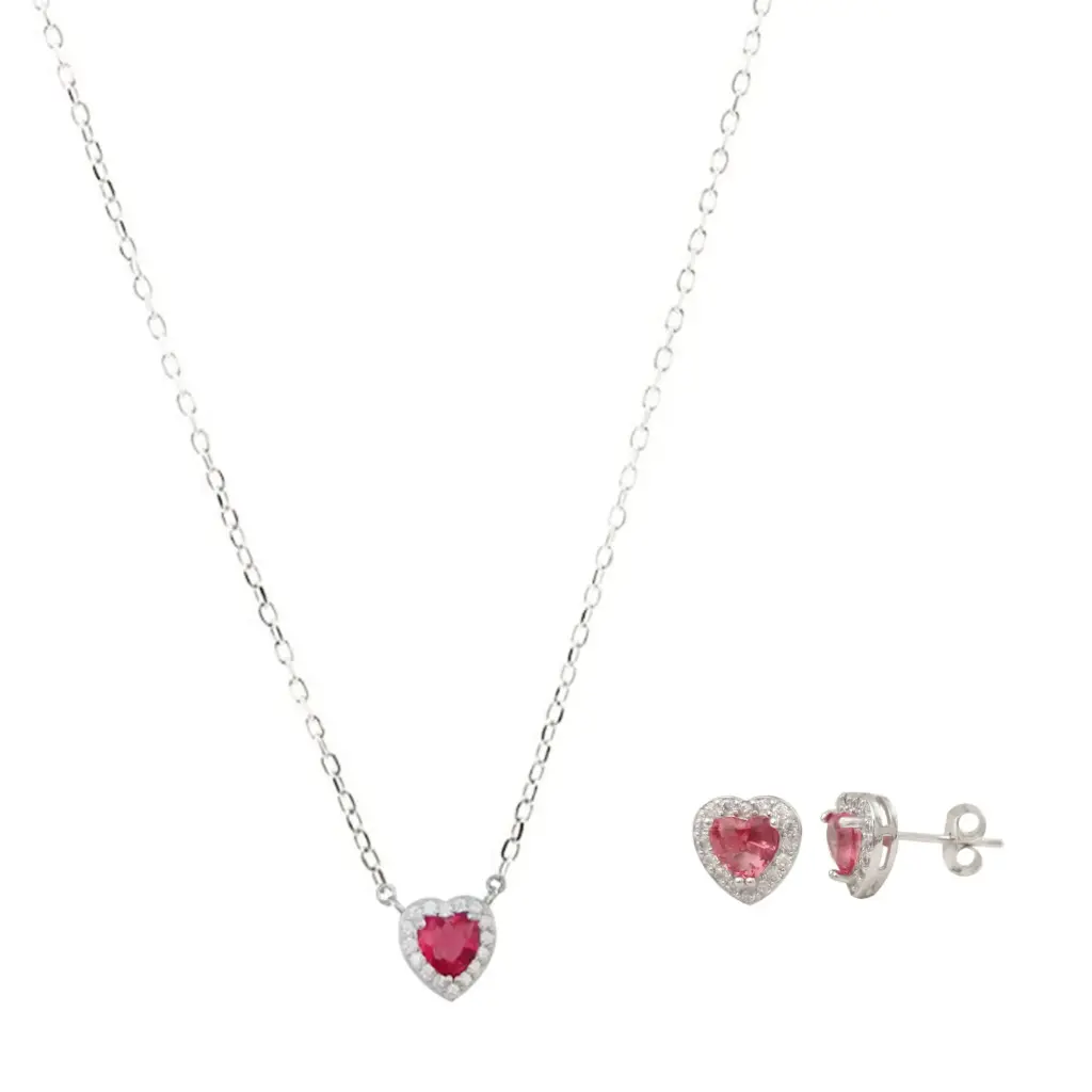 [252052] SET CORAZÓN CARMÍN, PLATA RODIZADA