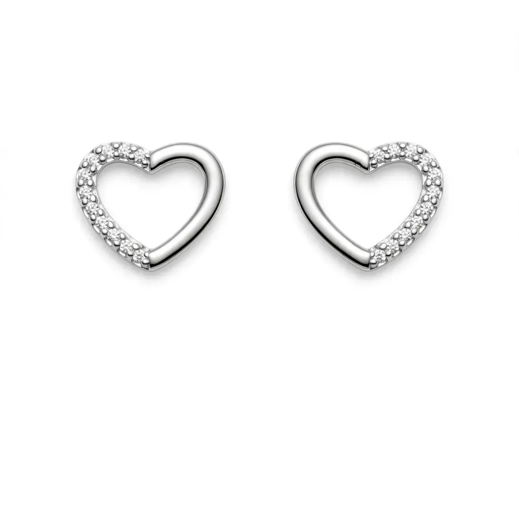 AR SIL CORAZÓN MITAD PAVÉ, PLATA RODIZADA