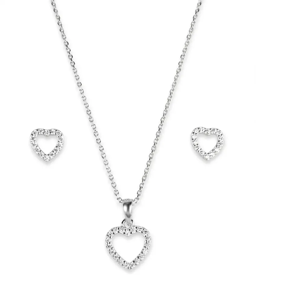 SET SIL CORAZÓN PAVÉ, PLATA RODIZADA