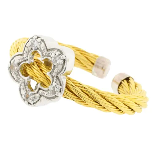 [311004] AZPL-036AN AN CABLE ACERO COLOR CON TAPONES Y DIJE DE PLATA EN FORMA DE FLOR CALADA CON CIRCONIAS