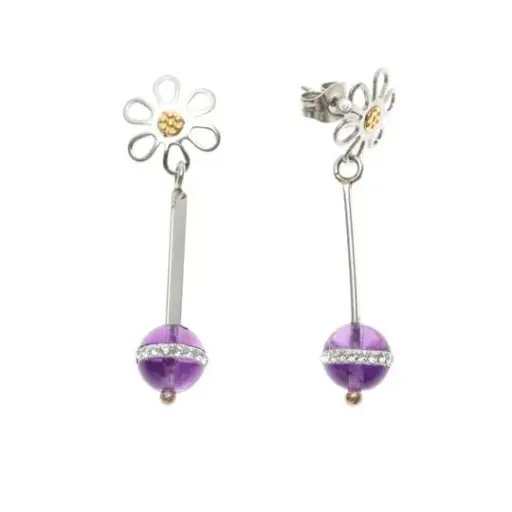 [7502247915763] AZAG028AT ARETES FLORES CALADAS CON ESFERAS AMATISTAS  CON CIRCONIAS Y DETALLES ORO 18 K