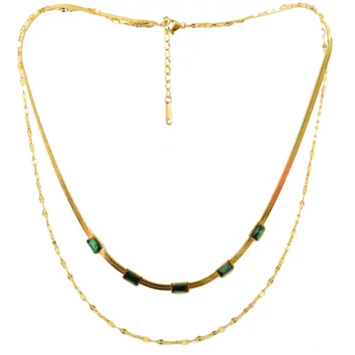 [332149] COLL DOBLE CADENA PLANCHADA CON BAGUETTS VERDES, ACERO DORADO