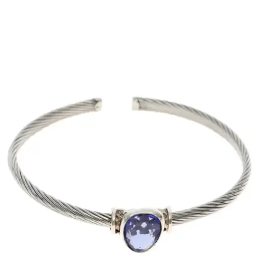 [7502247911888] AZA-009PU PULS. CABLE ACERO, CON DIJE DE PLATA CON PIEDRA EN FORMA DE GOTA COLOR AZUL