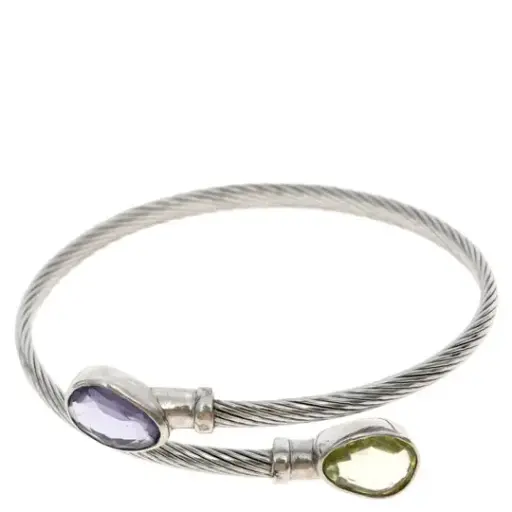 [7502247911925] AZA-010PU PULS. CABLE ACERO CON DIJES DE PLATA Y PIEDRAS COLOR AZUL Y VERDE OLIVO