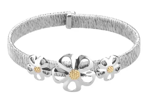 [7502247912113] AZA-015PU PULS. MALLA HILO ACERO CON MARGARITAS CALADAS, DETALLES DE ORO 18 K