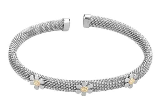 [7502247915718] AZAG016PU PULS. MALLA REDONDA ACERO CON FLORES MINI, DETALLES ORO 18 K