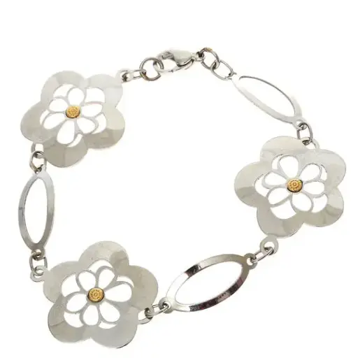 [7502247913455] AZAG017PU PULS. FLORES RIBETE ACERO, CON DETALLES ORO 18 K