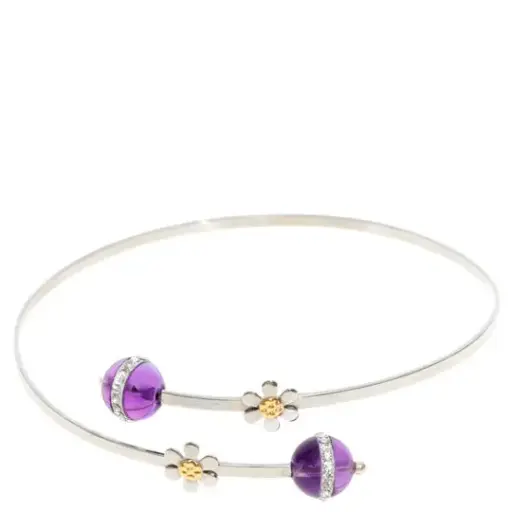 [7502247915817] AZAG028PU PULS. HILO ACERO CON ESFERAS AMATISTAS CON CIRCONIAS Y FLORES CON DETALLES ORO 18 K