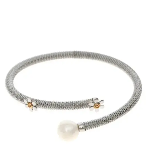 [7502247914391] AZAG030PU PULS. MALLA REDONDA ACERO CON FLORES MINI. PERLA CULTIVADA Y DETALLES ORO 18 K