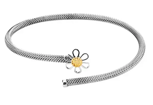 [7502247915886] AZAG045PU PULS. MALLA REDONDA ACERO CON FLOR CALADA Y TAPÓN, DETALLE ORO 18 K