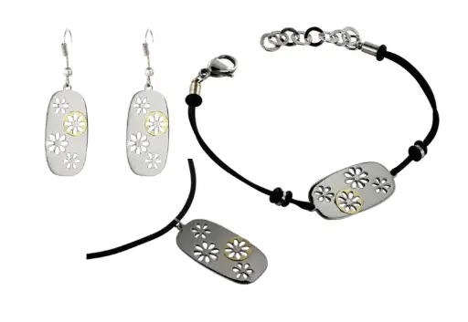 [7502247914797] AZA-001JGO JUEGO FLORES, ACERO CON DETALLES EN ORO 18 K Y PIEL