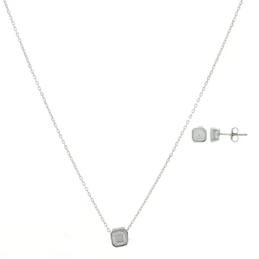 [252037] SET PIEDRA CUADRADA BISEL, PLATA RODIZADA