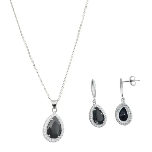 [252045] SET GOTA NEGRA BISEL ZIRCONIAS, PLATA RODIZADA